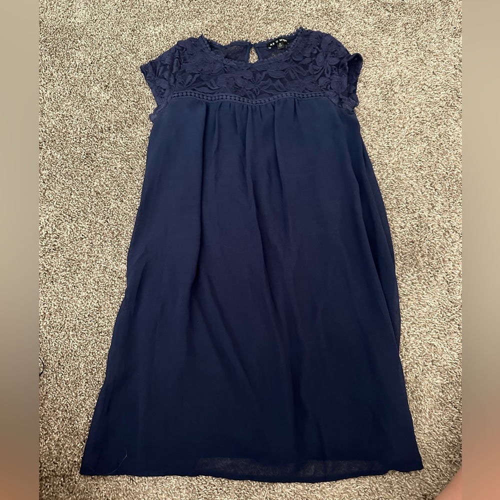 Blue simple dress with lace top.
